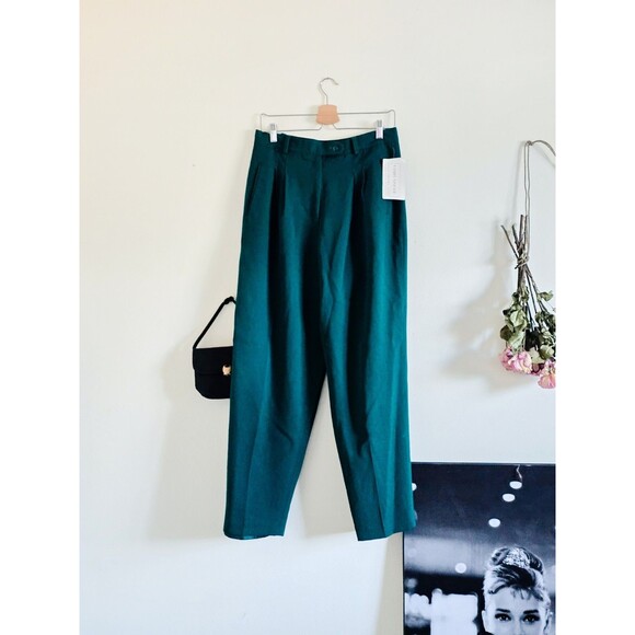 Nordstroms Vintage 1980s 80s Green Wool Pleated High Waist Trousers Pants L - Picture 1 of 8